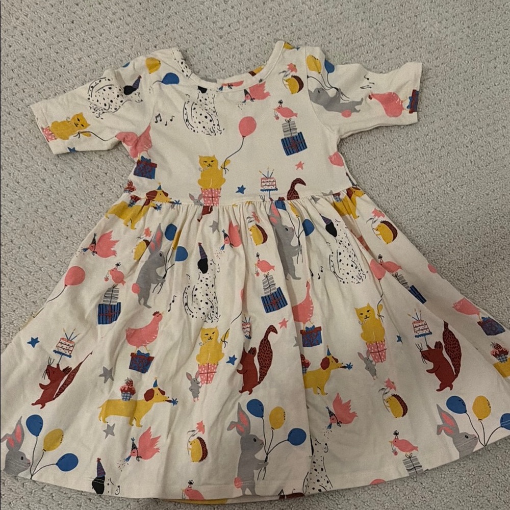 Girls' White Party Animal Print Dress - Cute Balloon & Gift Motif